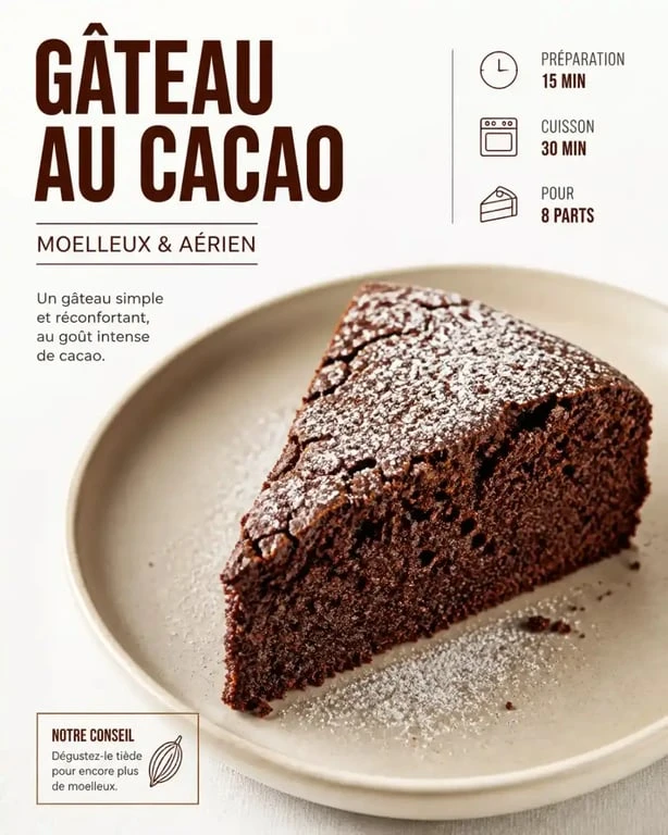 Gâteau au cacao moelleux et aérien servi sur une assiette