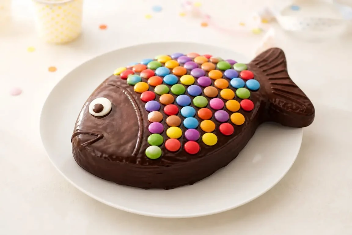 Gâteau rigolo anniversaire en forme de poisson décoré de smarties