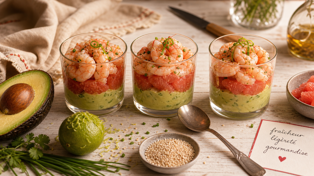 Entrées froides : verrines avocat, pamplemousse et crevettes en verre