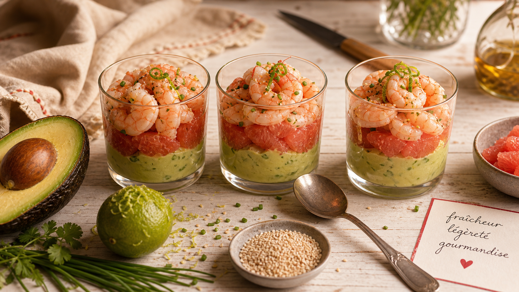 Entrées froides : verrines avocat, pamplemousse et crevettes en verre