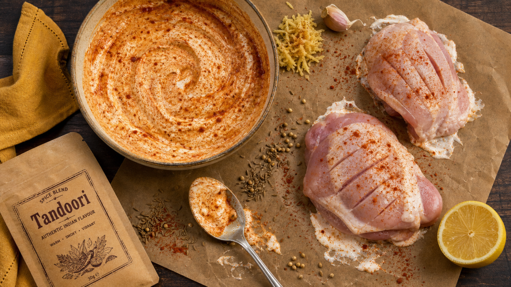 Épices tandoori, yaourt et poulet pour marinade