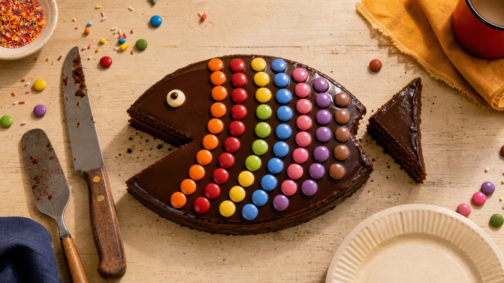 Gateau rigolo anniversaire poisson chocolat avec smarties écailles