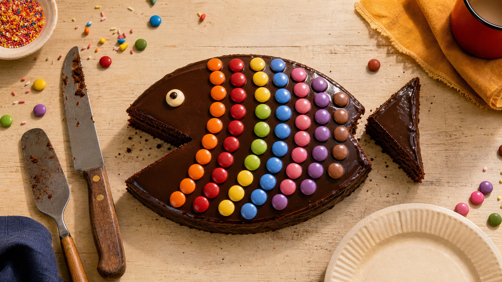 Gateau rigolo anniversaire poisson chocolat avec smarties écailles