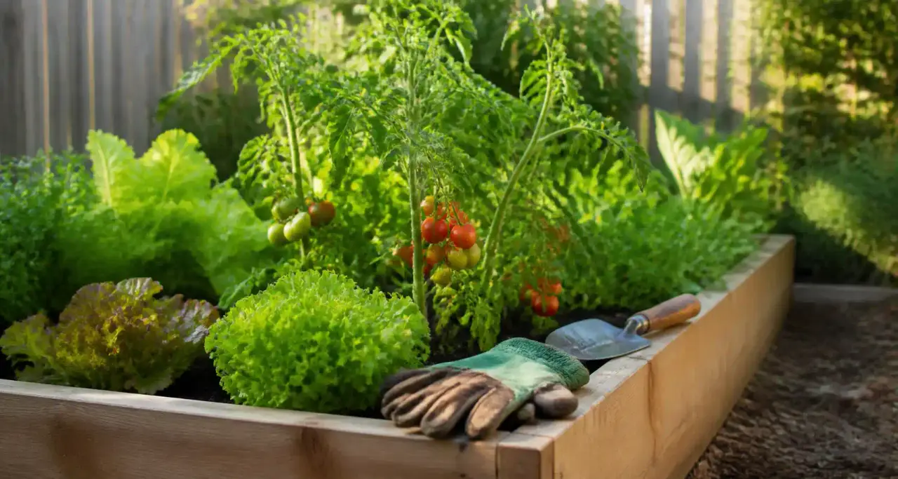 Potager en carré avec gants et transplantoir, jardinage pratique à la maison