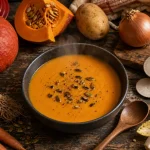 legume decembre : velouté de potimarron et légumes d’hiver sur table en bois