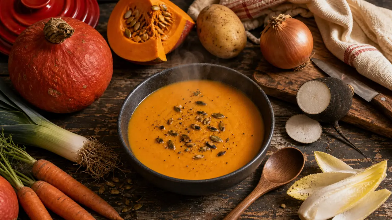 legume decembre : velouté de potimarron et légumes d’hiver sur table en bois