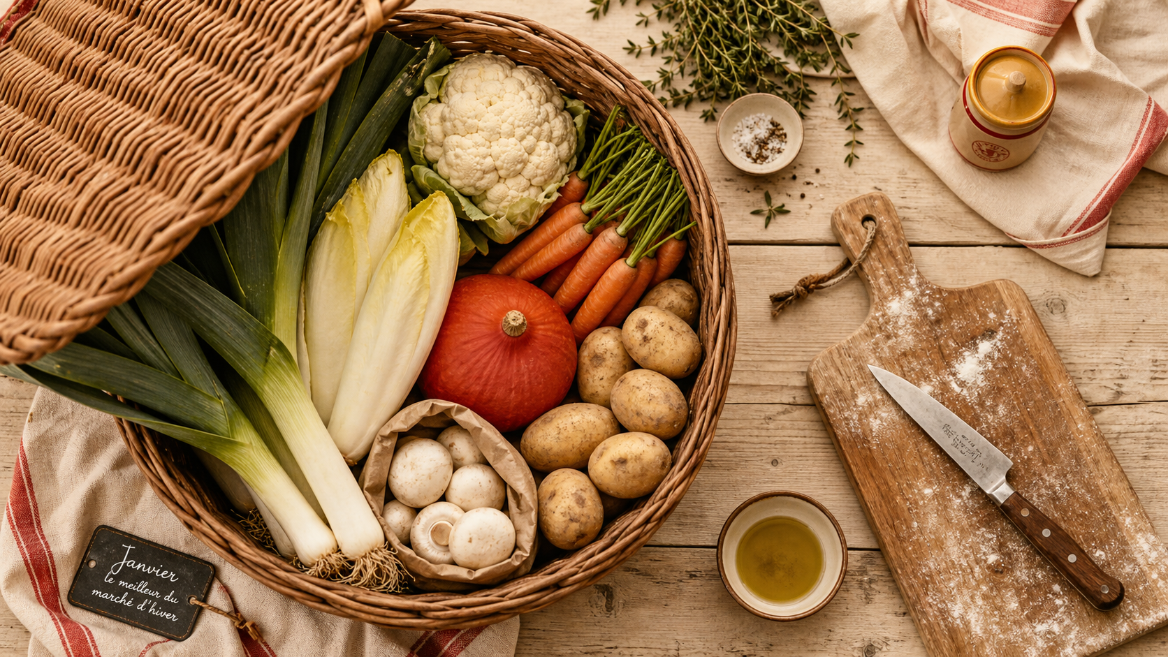 Légumes de saison janvier : panier de légumes d’hiver (poireaux, endives, chou-fleur)