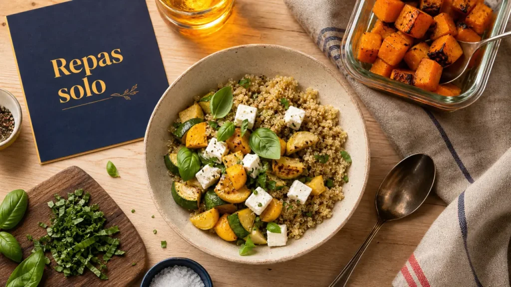 Menu semaine 1 personne : repas solo anti-gaspi, quinoa et courgettes rôties