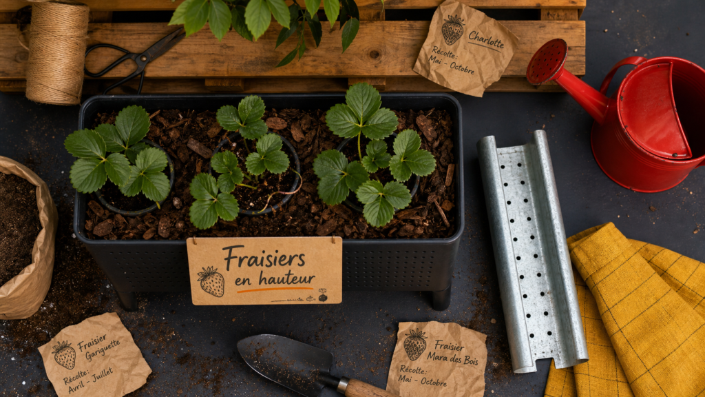 Plantation fraisier en hauteur en gouttière : fraisiers en pots et jardinière