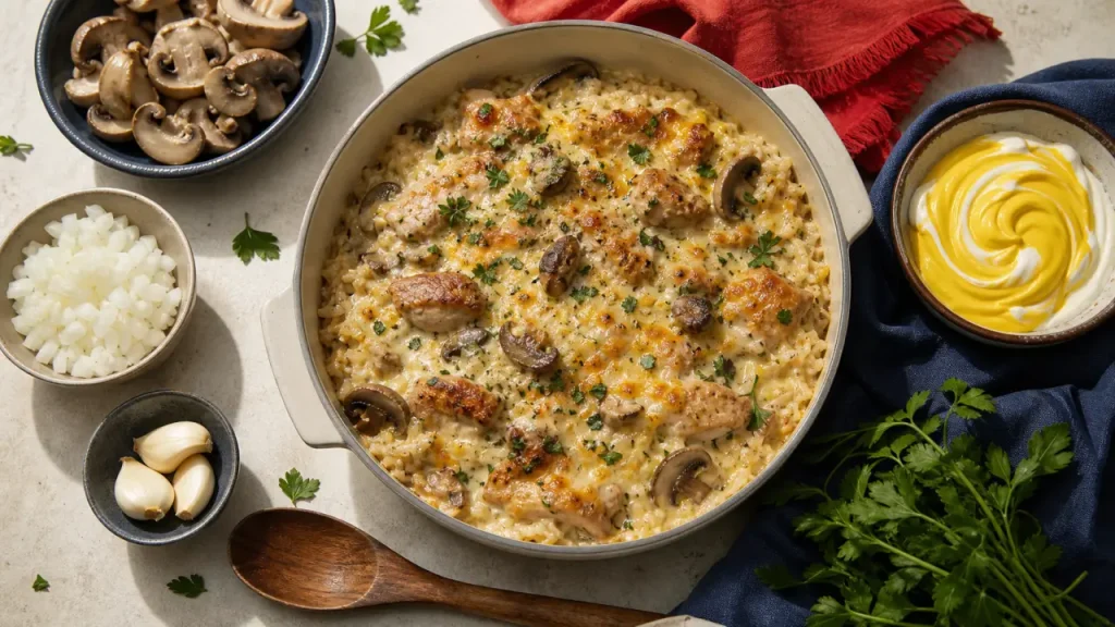 Plat a base de poulet : gratin de poulet aux champignons et riz