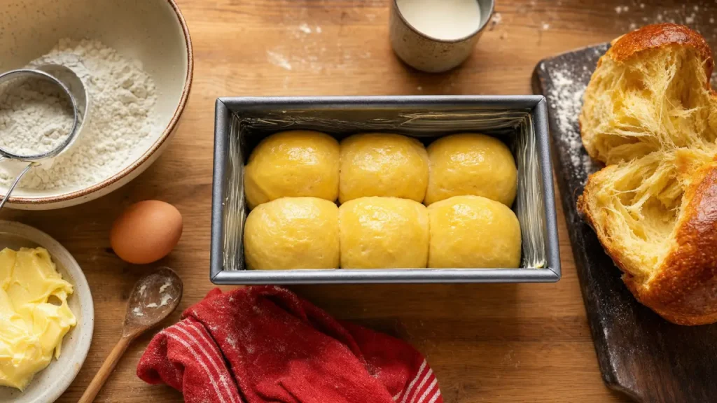 Recette brioche facile sans machine : boules de brioche dorées et ingrédients