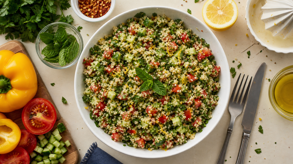 Recette taboulé méditerranéen : semoule légère, herbes, tomates, concombre