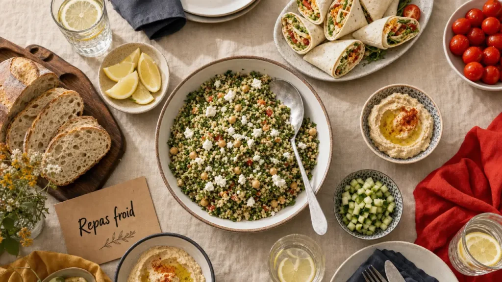 Repas froid entre amis : salade composée, wraps et taboulé