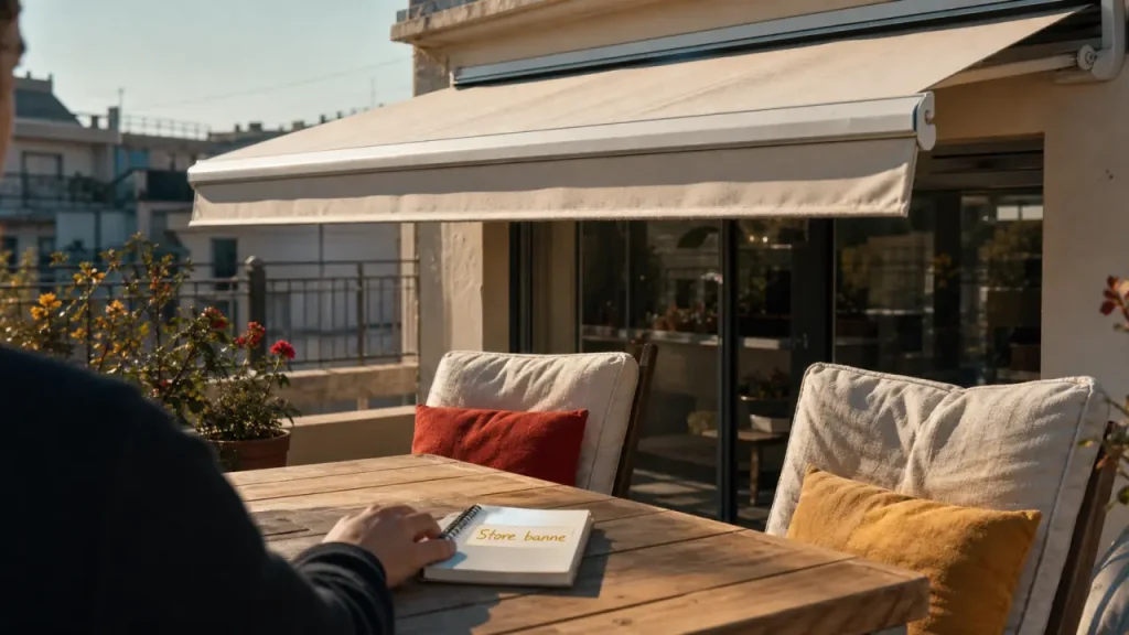 Store banne balcon avec toile claire pour gagner de l’ombre sans perdre la lumière du séjour