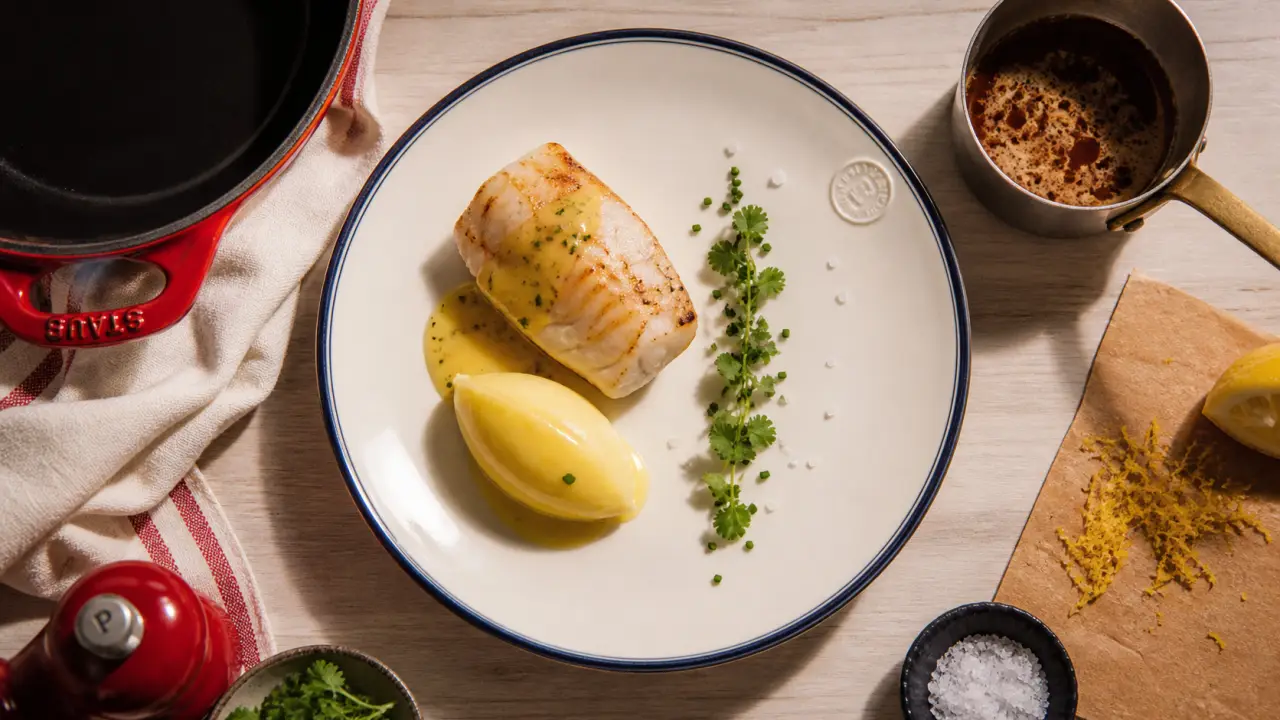Cabillaud nacré et purée soyeuse, recette gastronomique de grand chef
