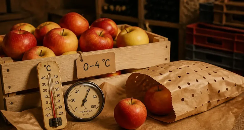 Comment conserver des pommes : pommes fraîches à 0–4 °C, thermomètre et hygromètre