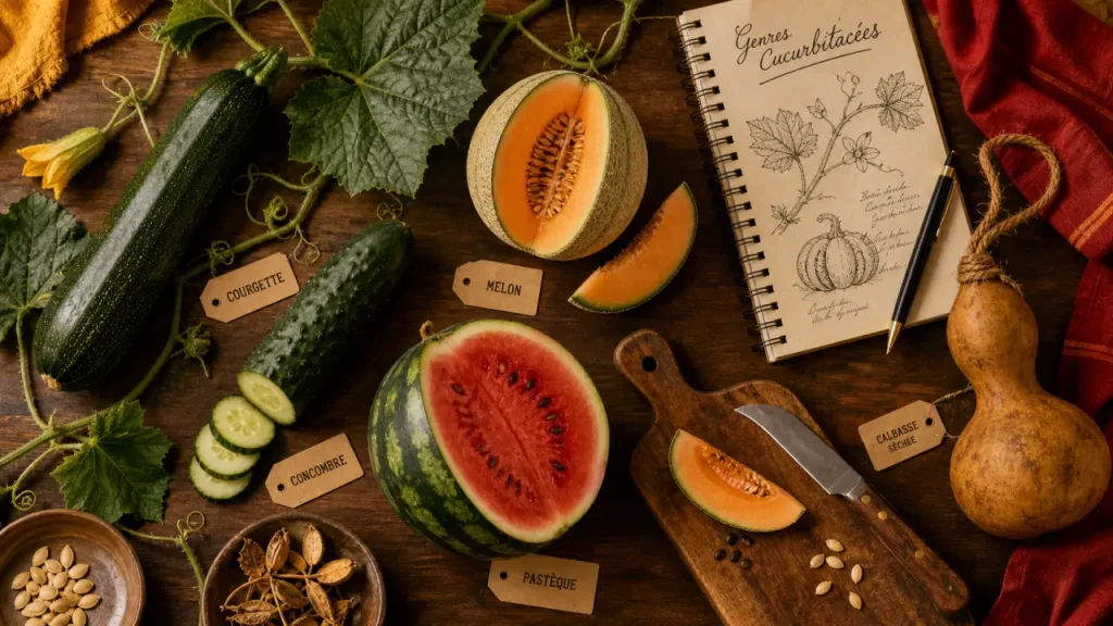 Cucurbitacées liste : melon, pastèque, courge en vue de dessus
