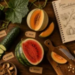 Cucurbitacées liste : melon, pastèque, courge en vue de dessus