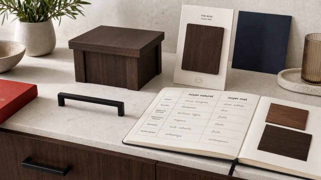 Cuisine noyer premium : plan et meubles en noyer mat