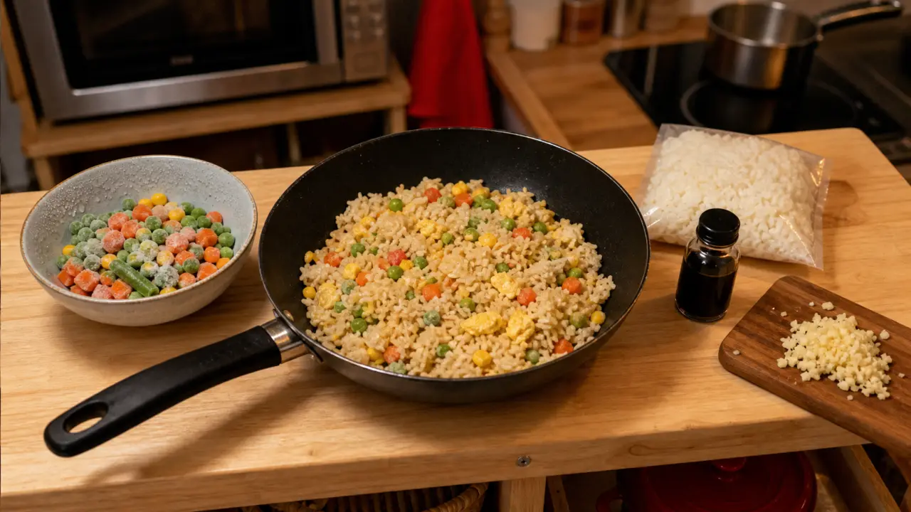 Cuisine pour les étudiants : poêlée de riz avec œuf brouillé sur une plaque