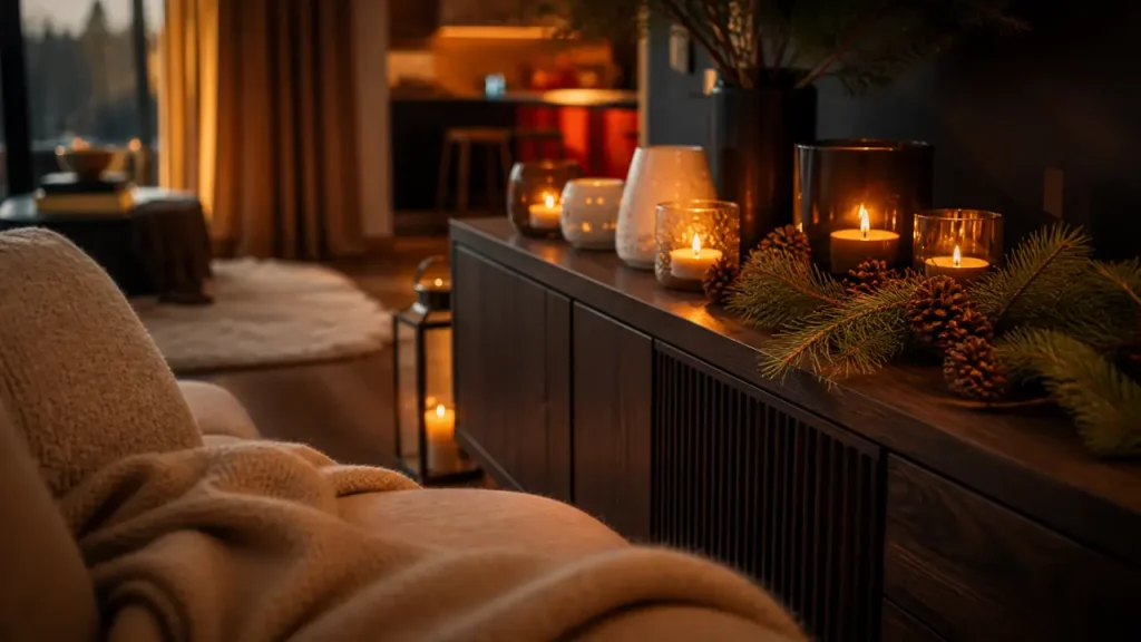 Déco hiver maison : salon cosy avec lumière douce et textures chaudes