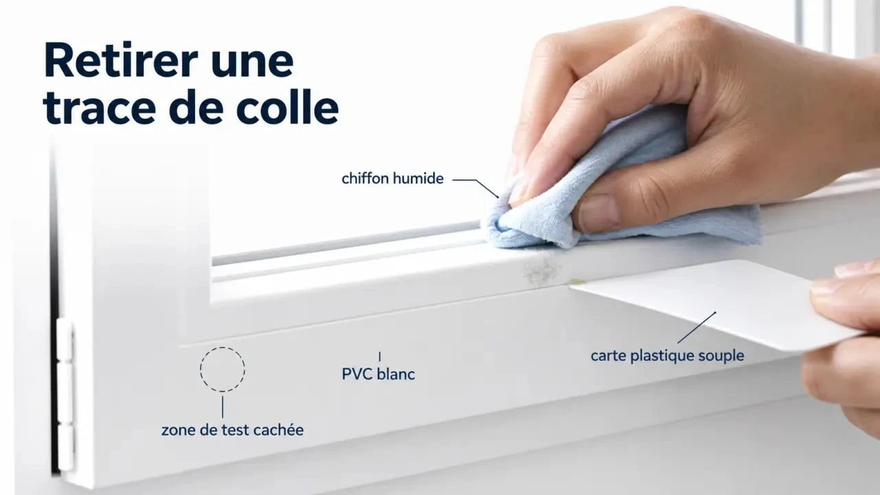 Enlever colle sur pvc fenetre avec un chiffon doux et une carte plastique sur un cadre blanc