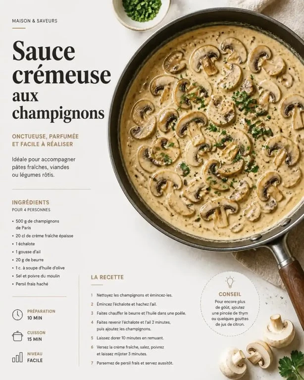 Sauce onctueuse aux champignons réalisée avec 20 cl de crème fraîche