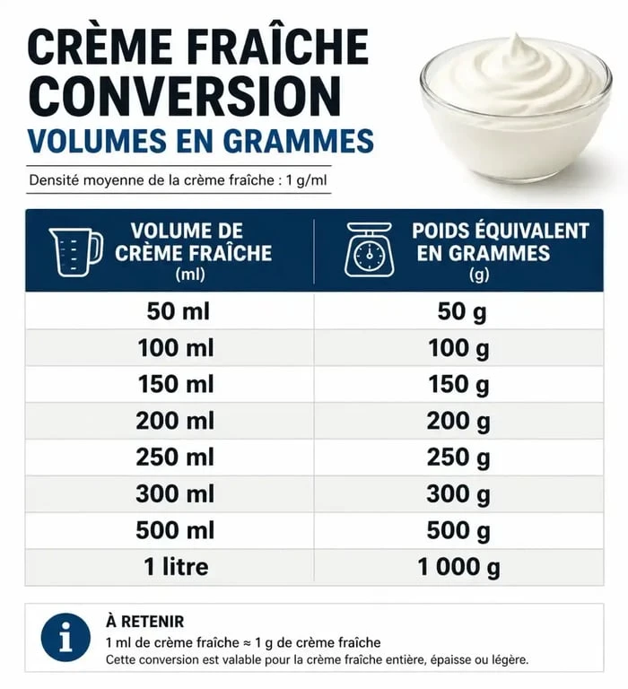 Tableau de conversion 20 cl de crème fraîche en grammes