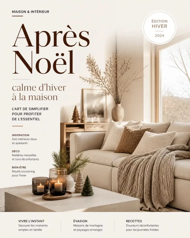 Déco hiver maison dans un salon cosy avec textiles chauds, lanternes et branches naturelles