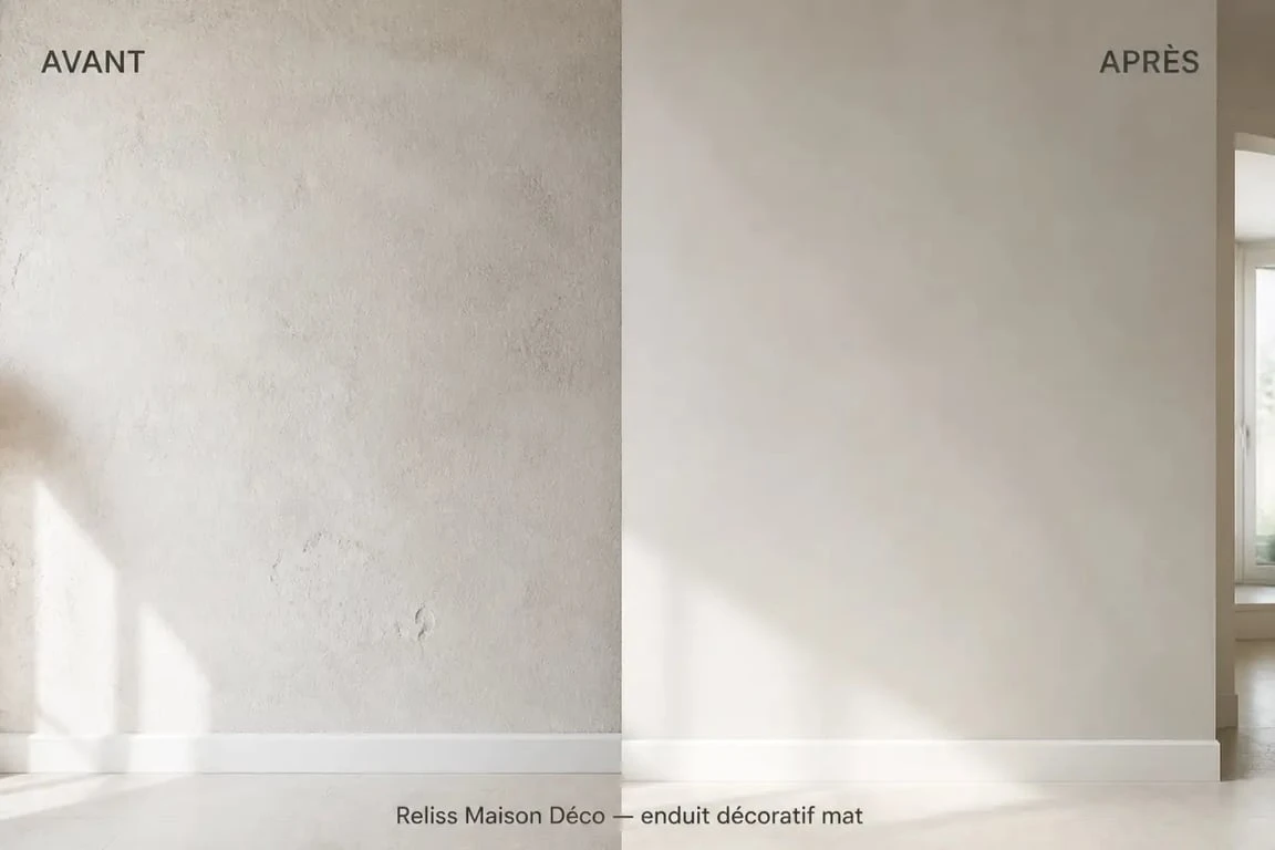 Reliss maison déco avant/après sur un mur intérieur rénové avec finition mate nuancée