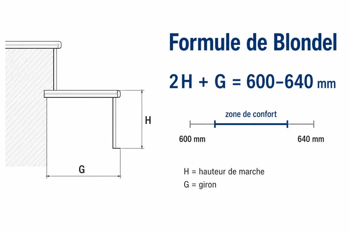 Infographie de la formule de Blondel pour le calcul d'une marche d'escalier