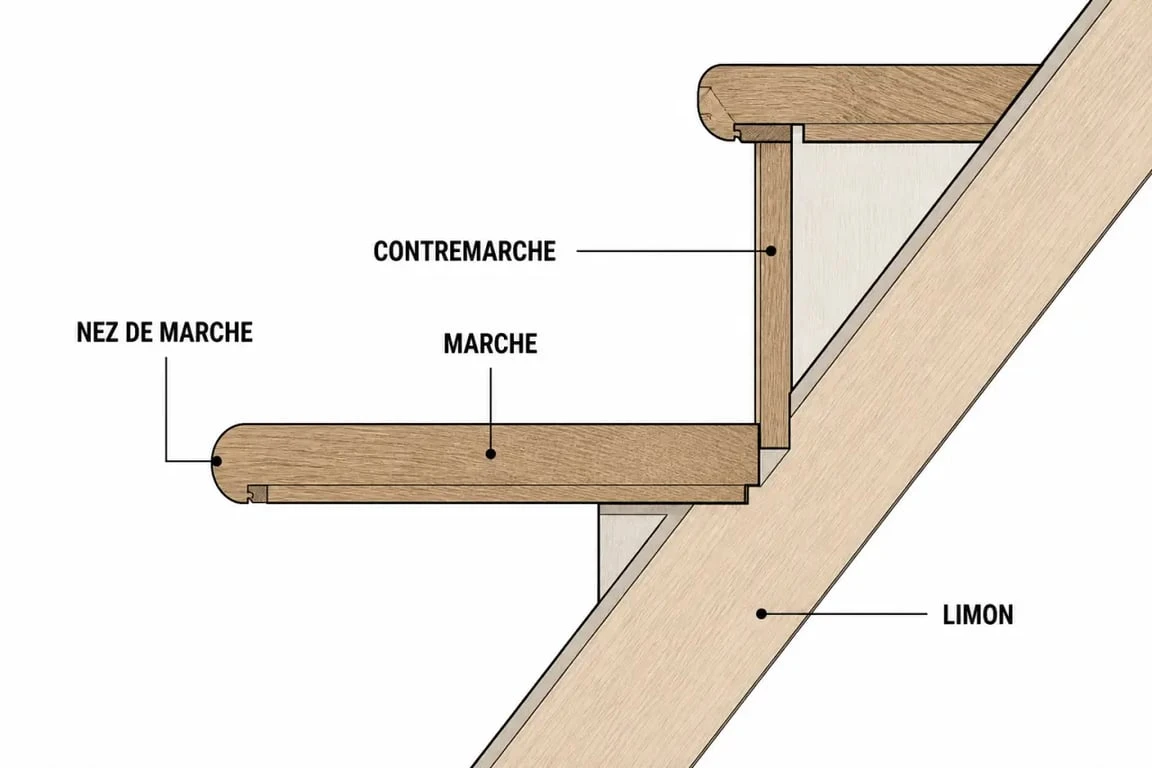 Schéma technique des composants d'une marche en bois pour la fabrication d'escalier