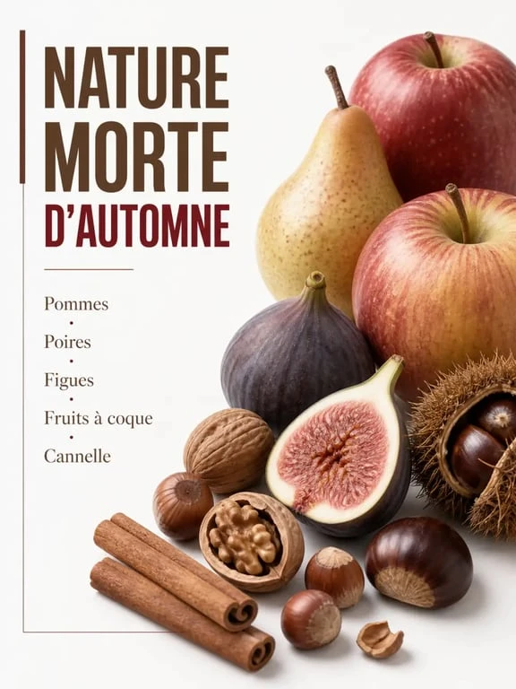 Ingrédients pour dessert d'automne avec pommes, poires, figues, châtaignes, noix et cannelle