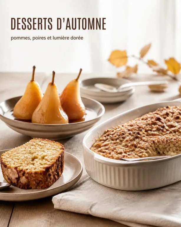 Dessert d'automne variés avec crumble, poires pochées et cake moelleux sur table en bois