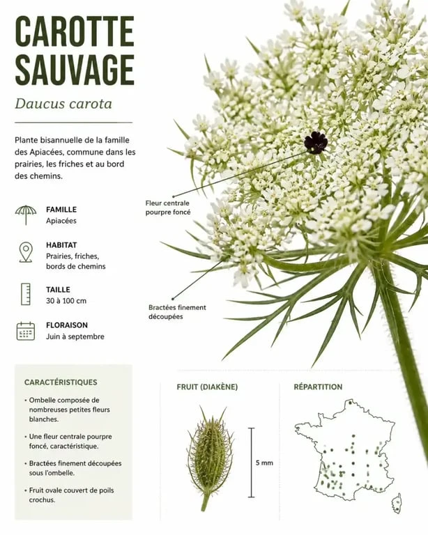 Détails botaniques de la carotte sauvage : fleur centrale et bractées
