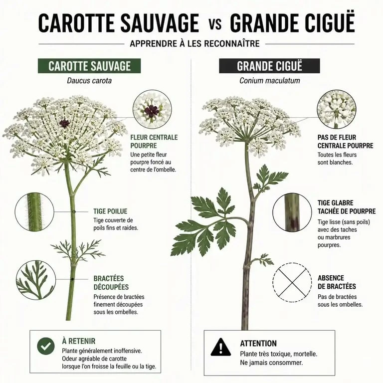 Comparatif visuel entre la carotte sauvage comestible et la grande ciguë toxique pour une identification sécurisée