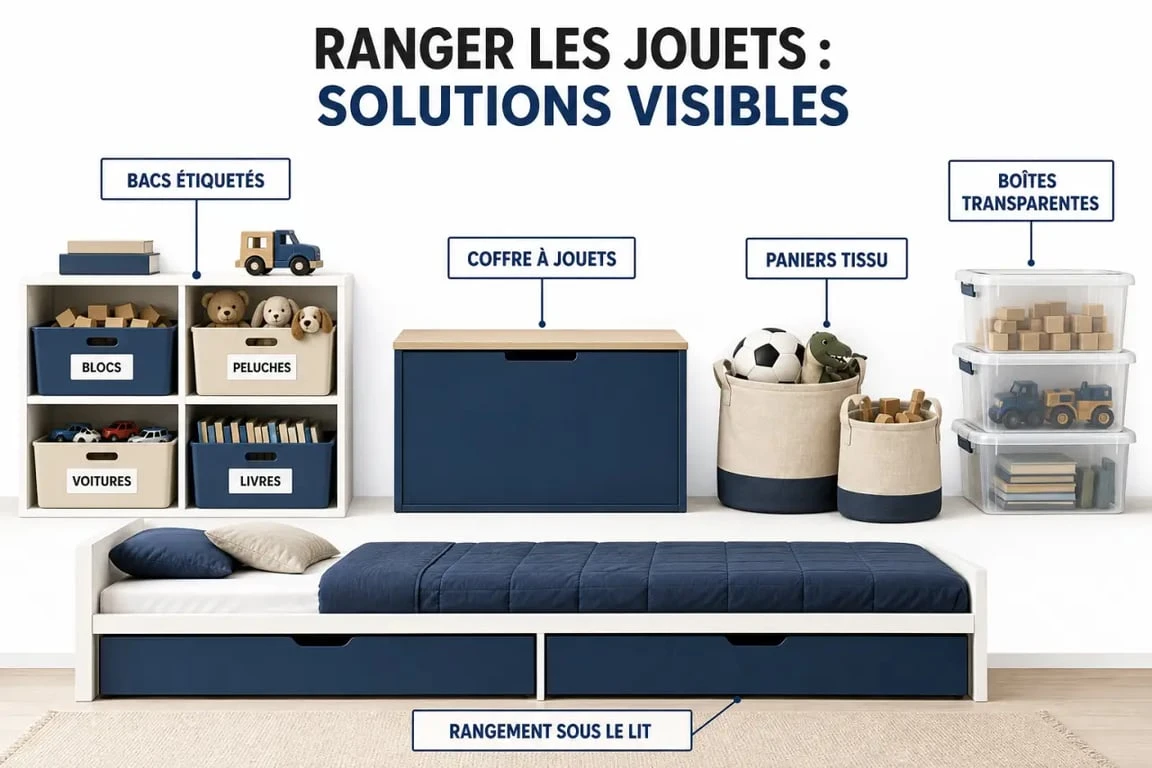 Rangement jouets enfants dans une chambre organisée avec casiers, coffre et paniers