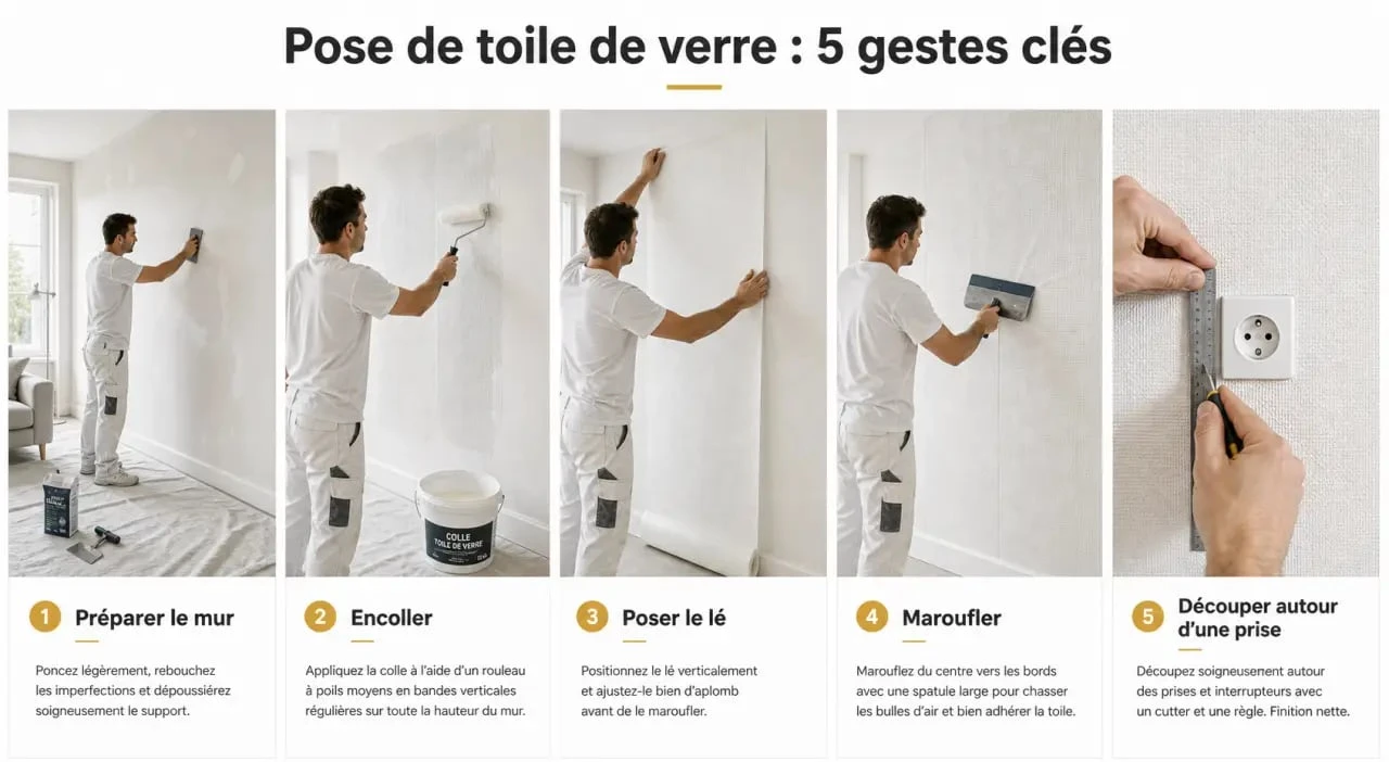 Pose toile de verre murale : étapes de préparation, encollage et marouflage sur un mur intérieur