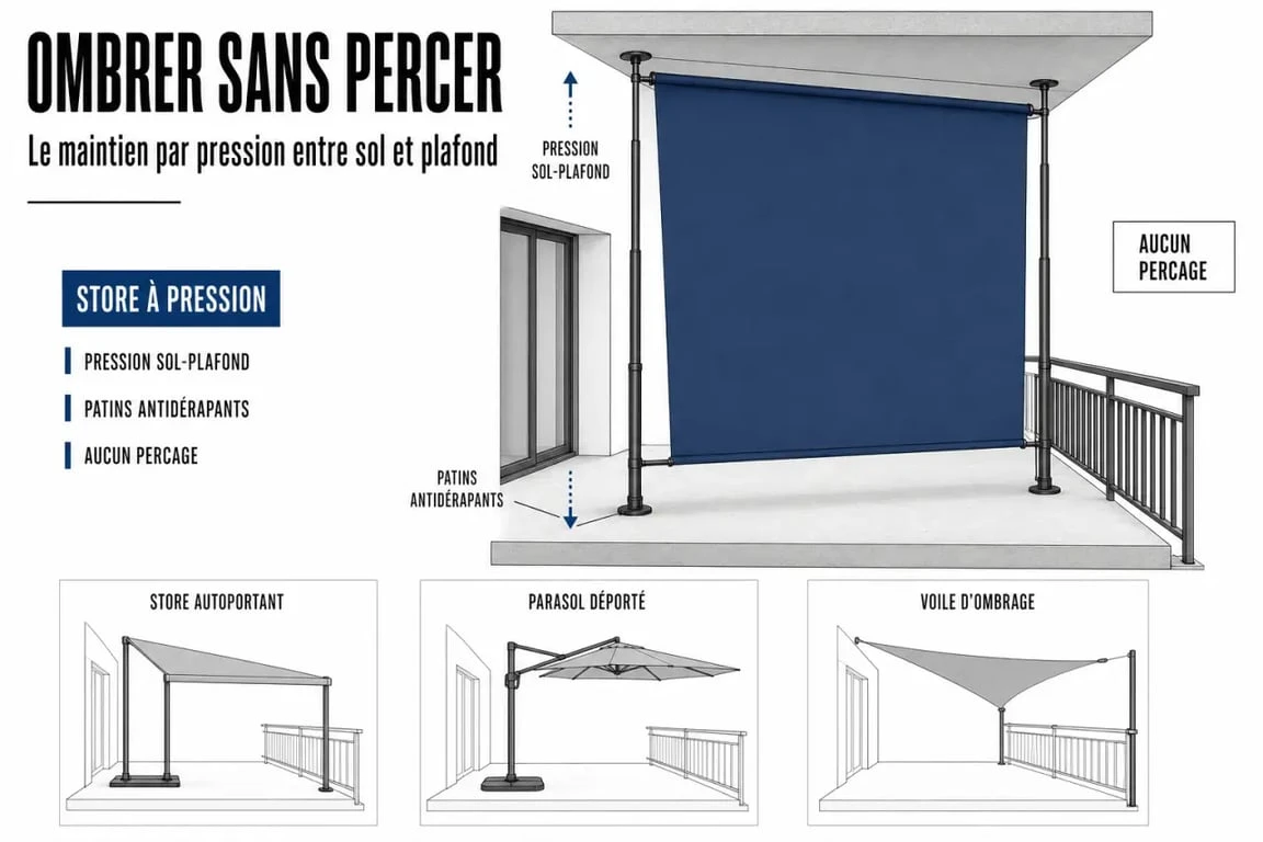 Store banne sans perçage installé sur un balcon couvert avec comparaison des solutions d’ombrage