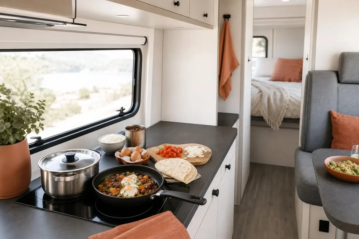 Repas camping car dans une kitchenette compacte avec ingrédients simples et plat prêt à servir