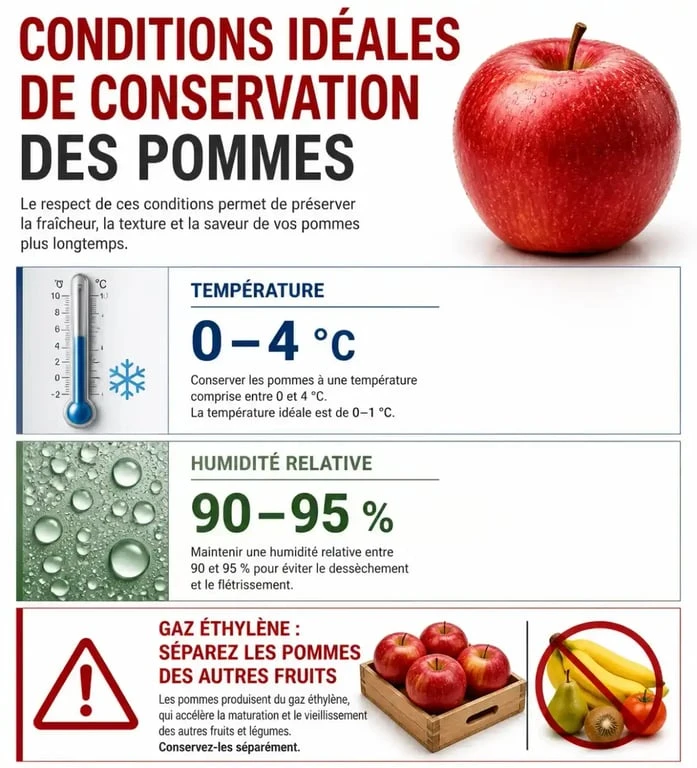 Infographie des conditions idéales pour la conservation des pommes