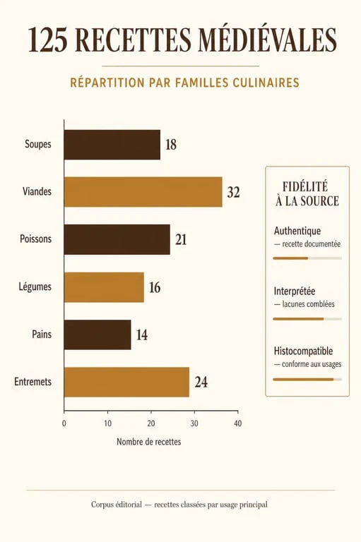 Recettes médiévales : répartition des 125 recettes par familles et niveau de fidélité