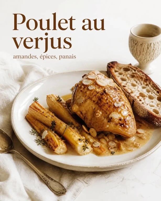 Recettes médiévales : poulet au verjus, amandes et épices servi sur assiette