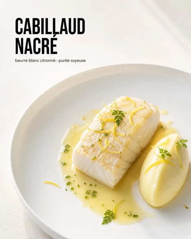 Recette gastronomique de grand chef de cabillaud nacré, purée soyeuse et beurre blanc citronné dressés à l’assiette