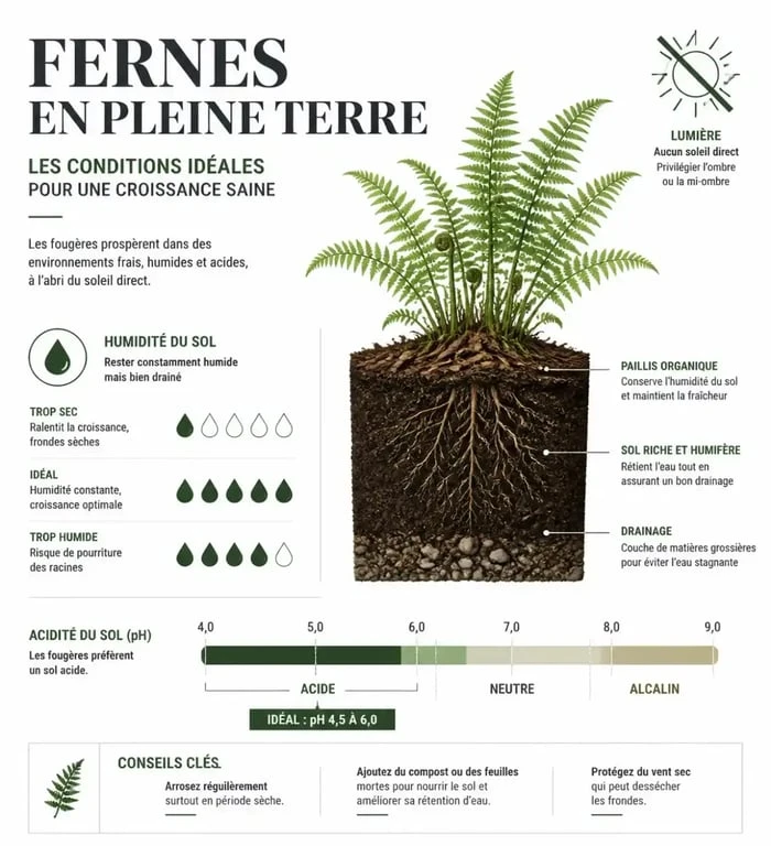 Infographie sur les conditions de culture des fougères plantes extérieur