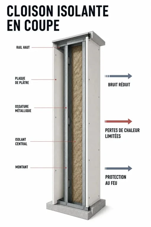 Cloison isolante placo en coupe avec ossature métallique, plaques de plâtre et isolant