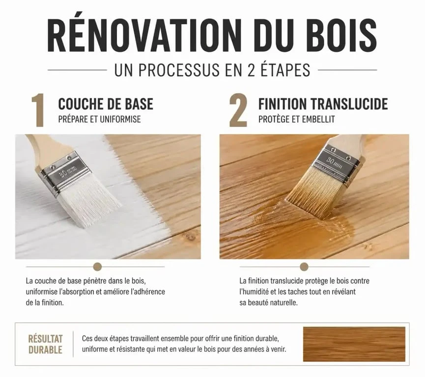 Étapes du relooking bois : base couvrante et finition translucide