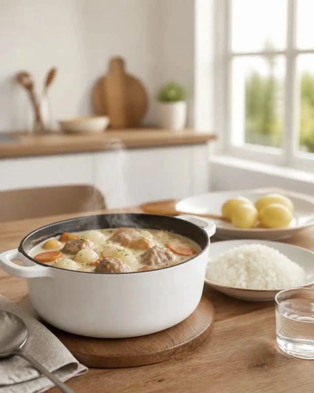 Vieilles recettes de cuisine de grand-mère avec une blanquette de veau familiale servie à table