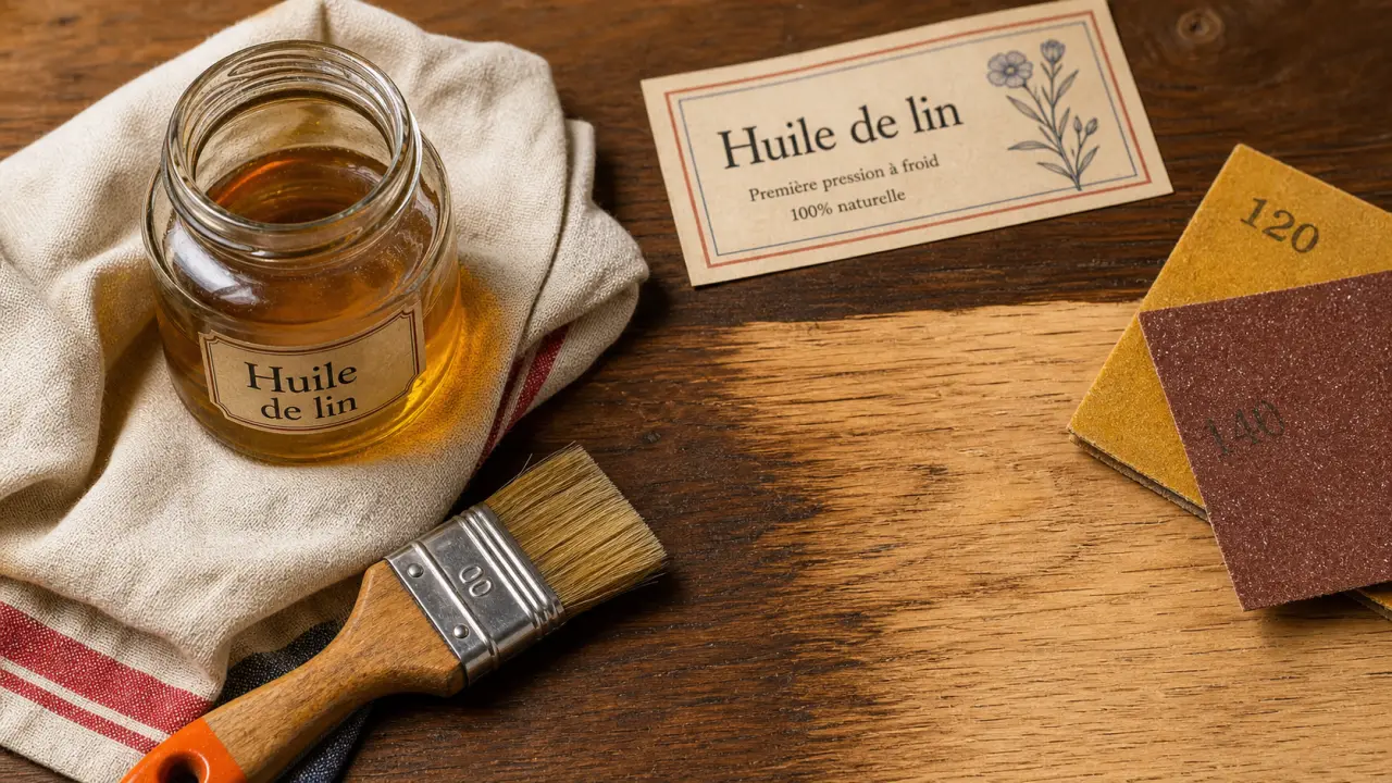 Lhuile de lin bois crue ou cuite, chiffon et pot sur bois