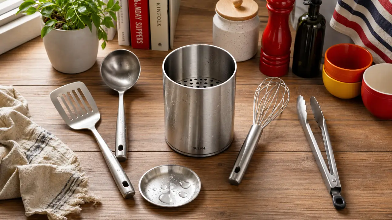 Porte ustensiles cuisine inox avec fond drainant pour éviter l’eau stagnante